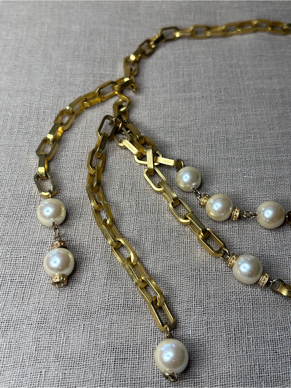 Vintage 80s Gold Chain Belt Faux Pearl Swag Link Boho Adjustable Necklace - Picture 4 of 10